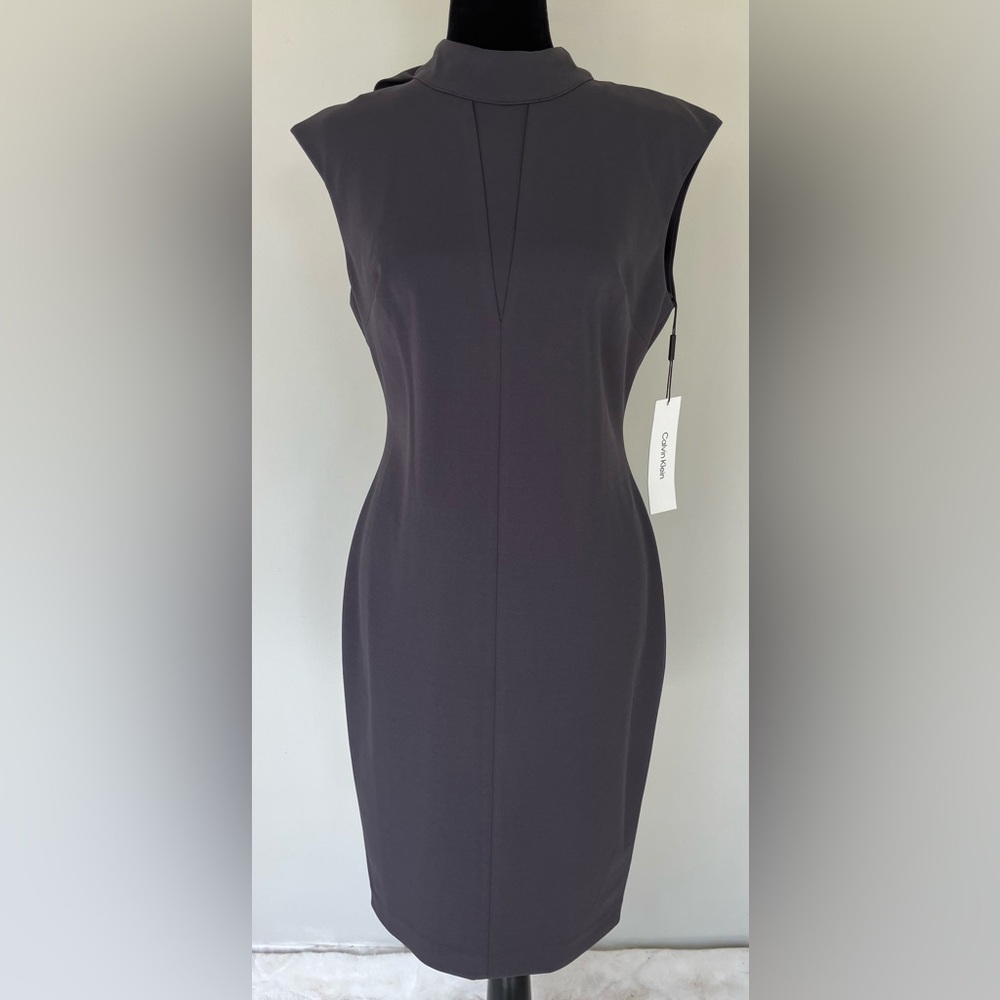 Calvin Klein Sleeveless Mock Neck Back Bow Tie Sheath Dress Black Size 6 NWT